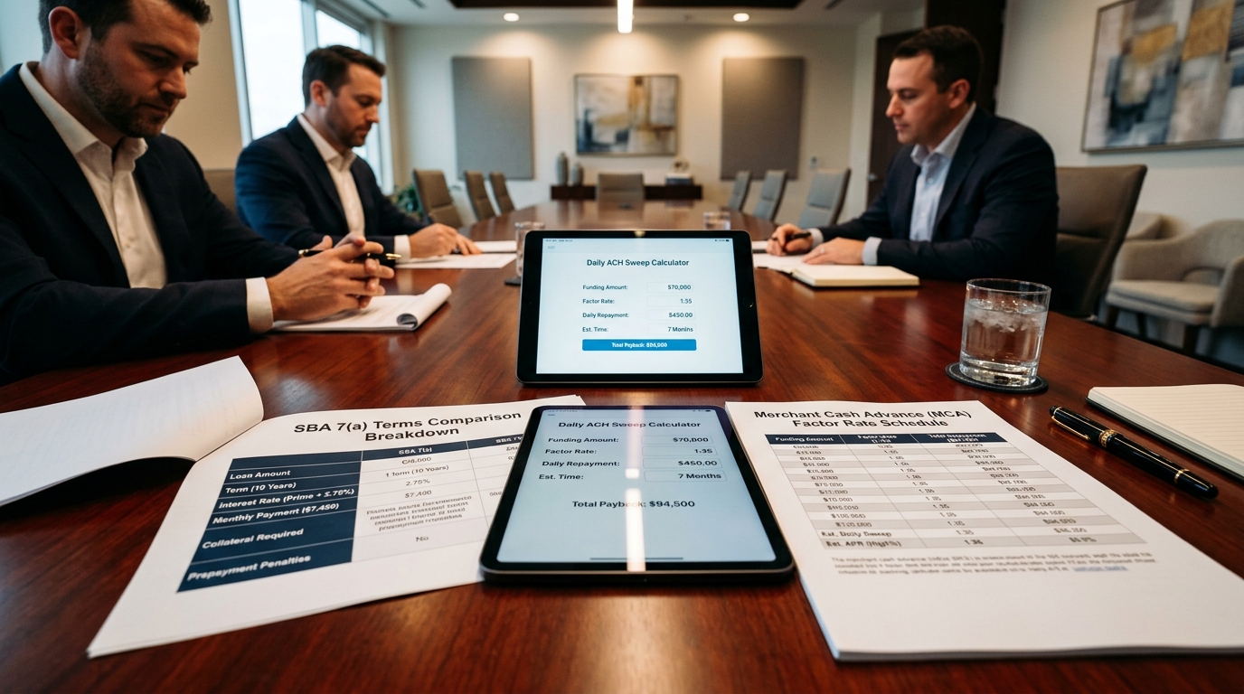 Commercial loan terms comparison showing SBA 7a documentation against merchant cash advance factor rate schedule Commercial loan terms comparison showing SBA 7a documentation against merchant cash advance factor rate schedule